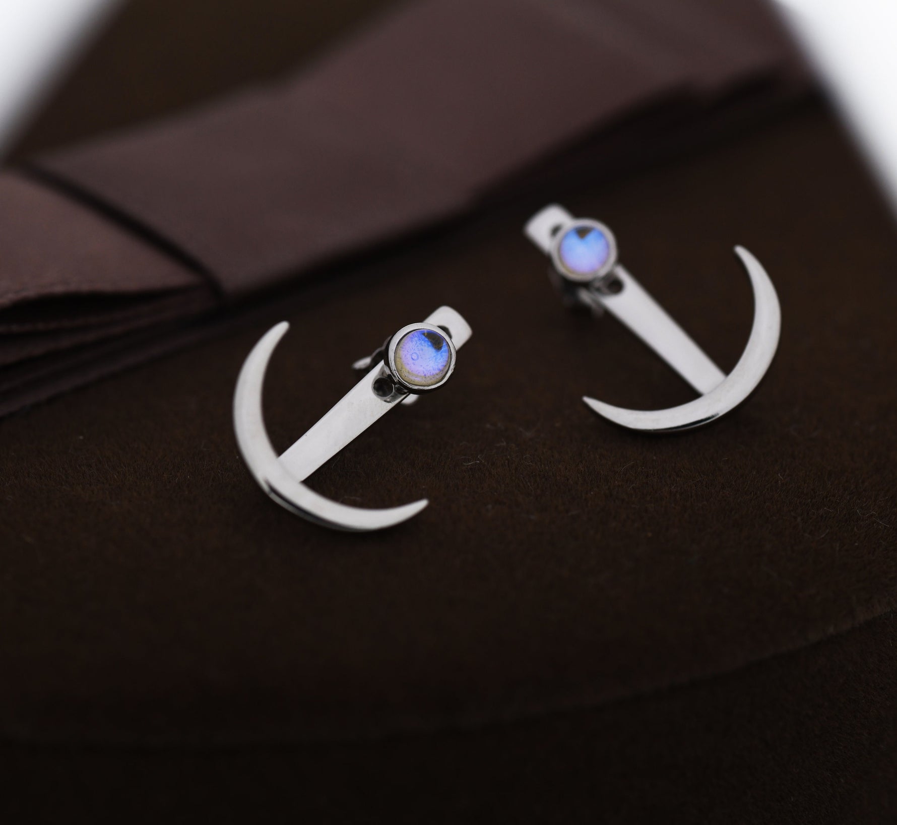 Crescent Moon and Moonstone Ear Jacket in Sterling Silver, Moon Front and Back Earrings in Sterling Silver, Moonstone Earrings
