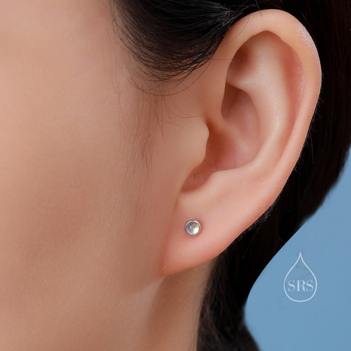 Moonstone Stud Earrings in Sterling Silver, Bezel, Aurora Stone Stud Earrings, 3mm Aurora Crystal Dot Earrings, lab-created moonstone