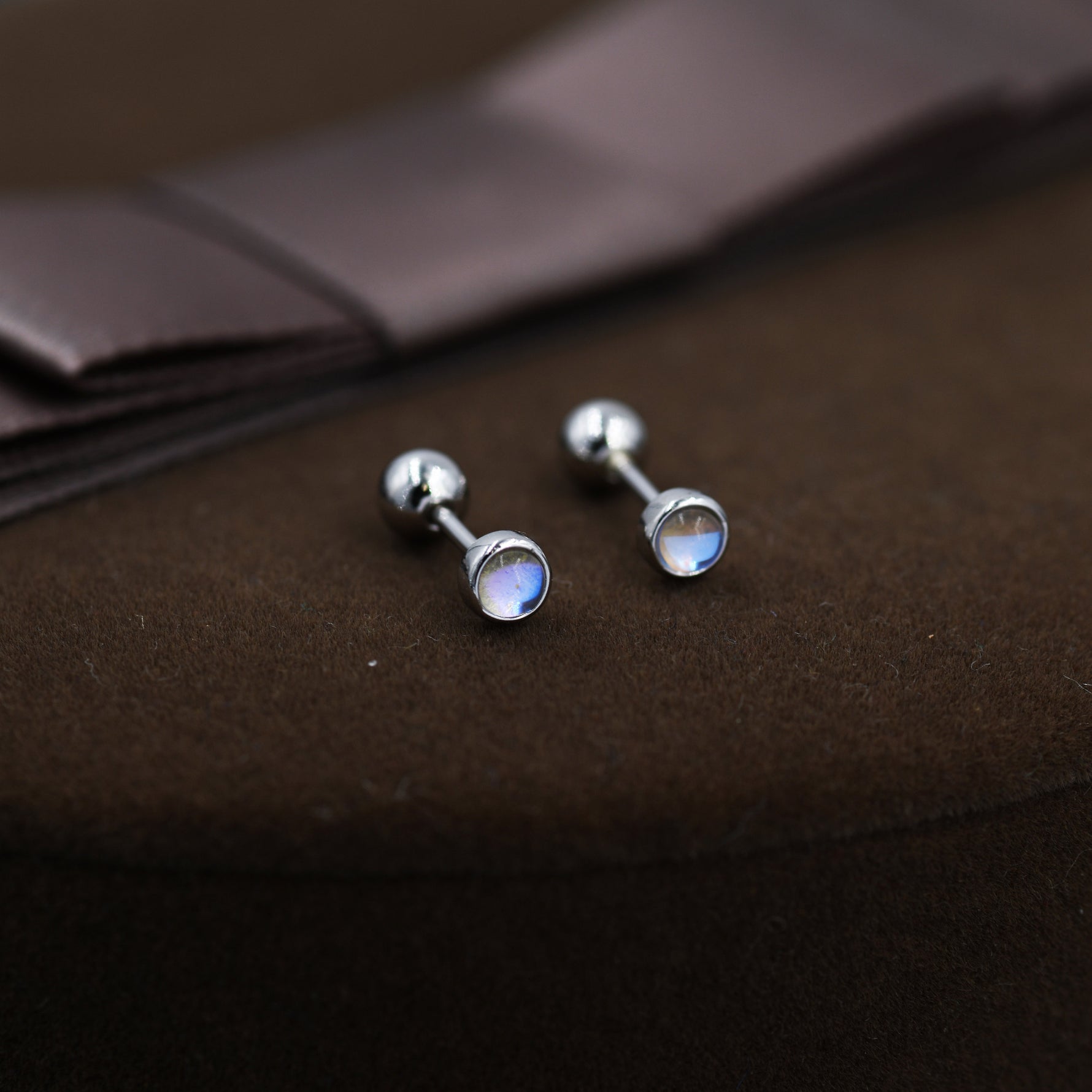 Moonstone Screw back Earrings in Sterling Silver, Bezel, Aurora Barbell Earrings, Lab-created Crystal Dot Earrings, Piercing Jewellery