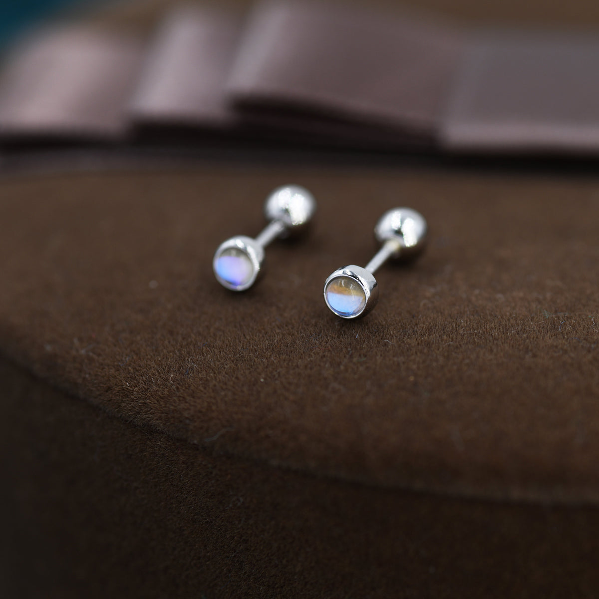 Moonstone Screw back Earrings in Sterling Silver, Bezel, Aurora Barbell Earrings, Lab-created Crystal Dot Earrings, Piercing Jewellery