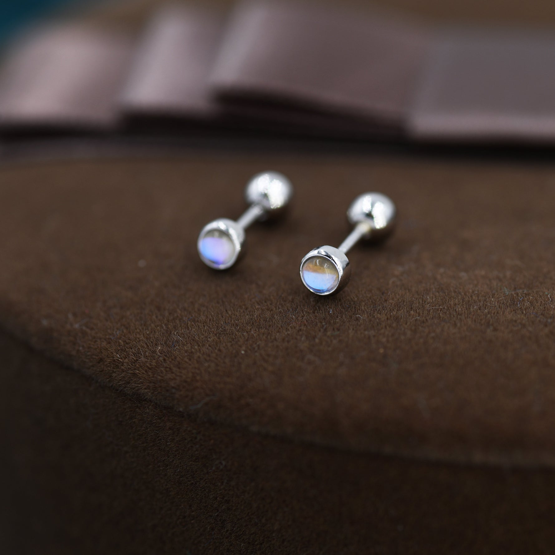 Moonstone Screw back Earrings in Sterling Silver, Bezel, Aurora Barbell Earrings, Lab-created Crystal Dot Earrings, Piercing Jewellery