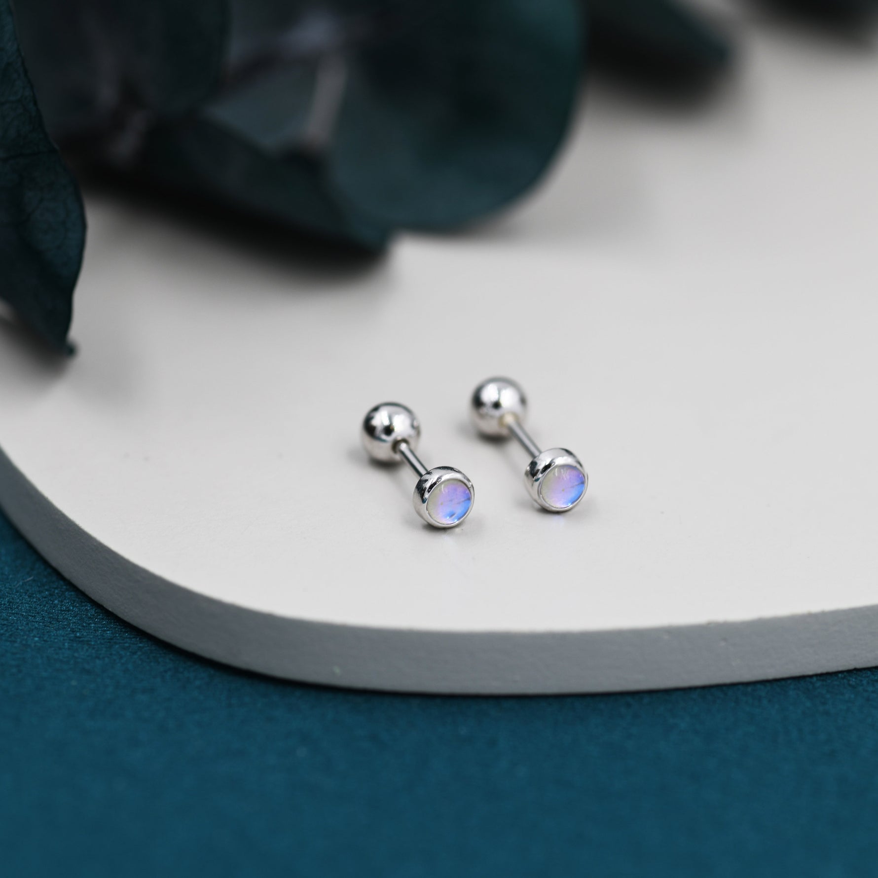Moonstone Screw back Earrings in Sterling Silver, Bezel, Aurora Barbell Earrings, Lab-created Crystal Dot Earrings, Piercing Jewellery