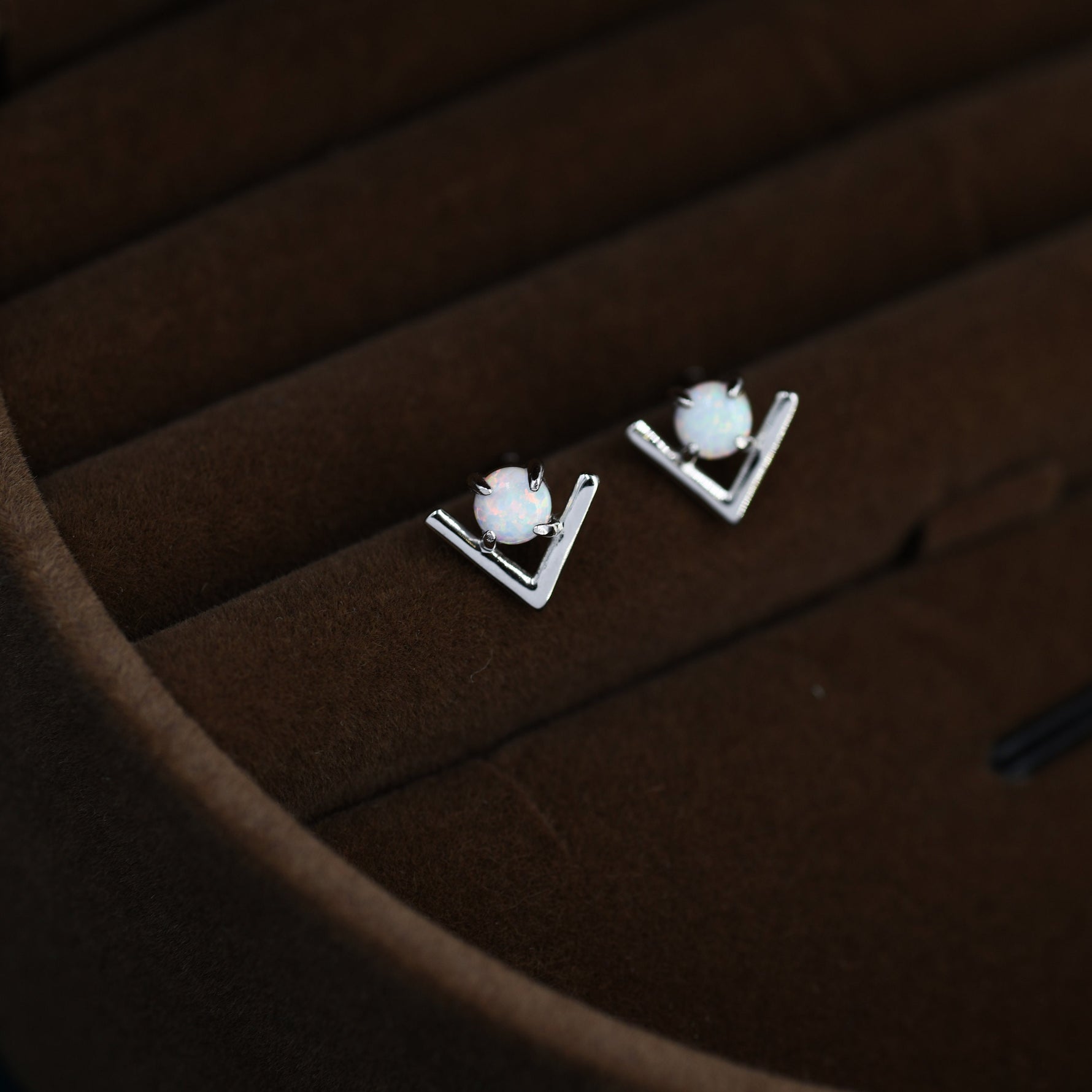 Sterling Silver Opal Chevron Stud Earrings, V shape Opal Earrings, Geometric Opal Earrings, Lab Opal Studs