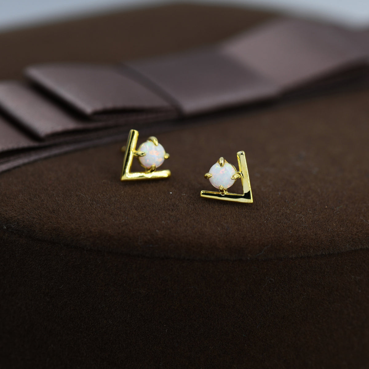 Sterling Silver Opal Chevron Stud Earrings, V shape Opal Earrings, Geometric Opal Earrings, Lab Opal Studs