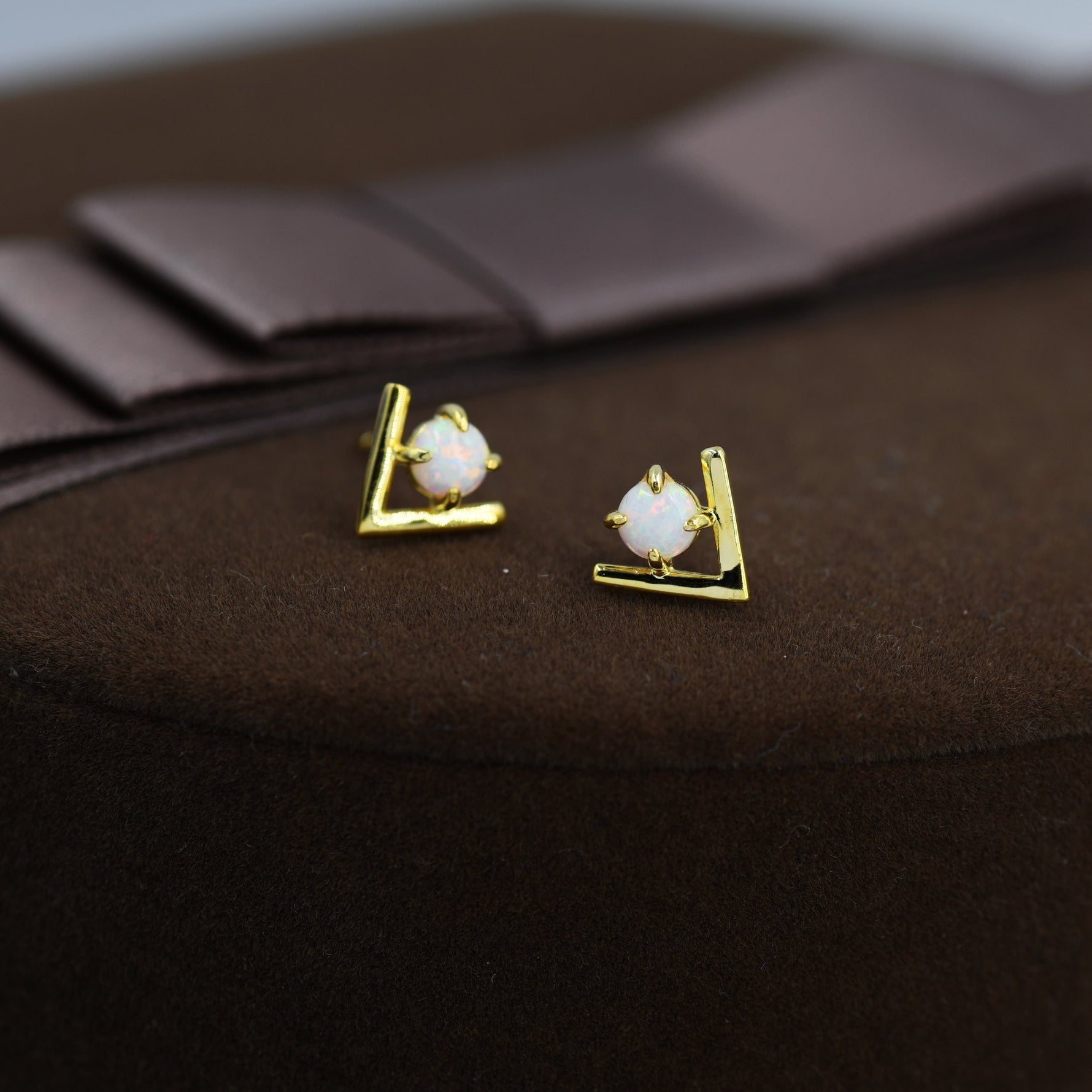 Sterling Silver Opal Chevron Stud Earrings, V shape Opal Earrings, Geometric Opal Earrings, Lab Opal Studs