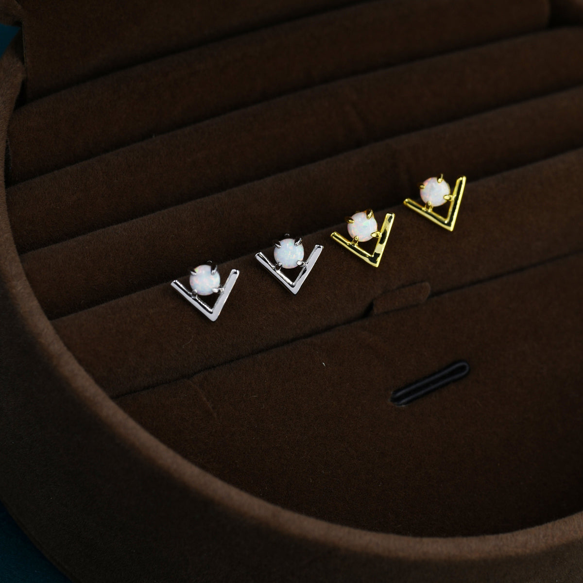 Sterling Silver Opal Chevron Stud Earrings, V shape Opal Earrings, Geometric Opal Earrings, Lab Opal Studs
