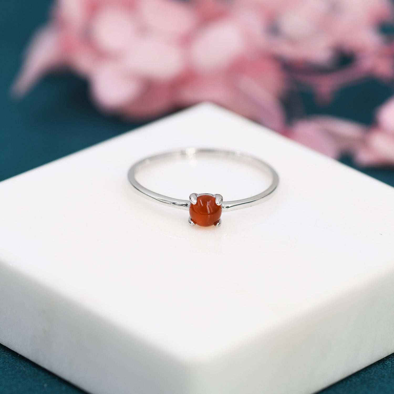 Genuine Red Carnelian Ring in Sterling Silver, US 5 - 8, Natural Red Carnelian Stone Ring, Four Prong Solitaire Ring