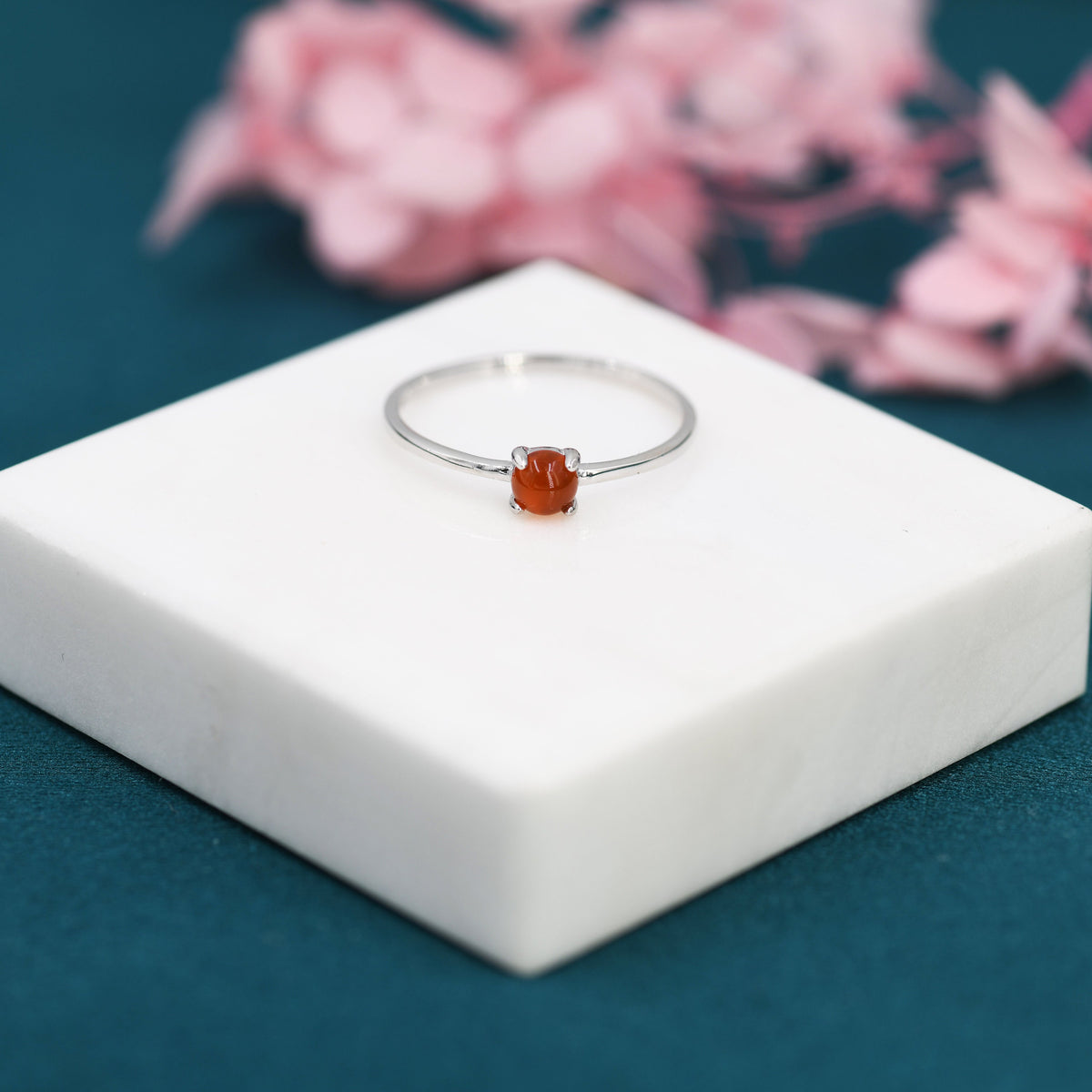Genuine Red Carnelian Ring in Sterling Silver, US 5 - 8, Natural Red Carnelian Stone Ring, Four Prong Solitaire Ring