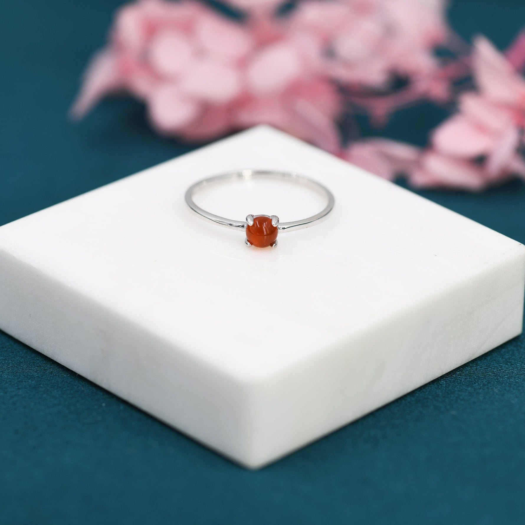 Genuine Red Carnelian Ring in Sterling Silver, US 5 - 8, Natural Red Carnelian Stone Ring, Four Prong Solitaire Ring