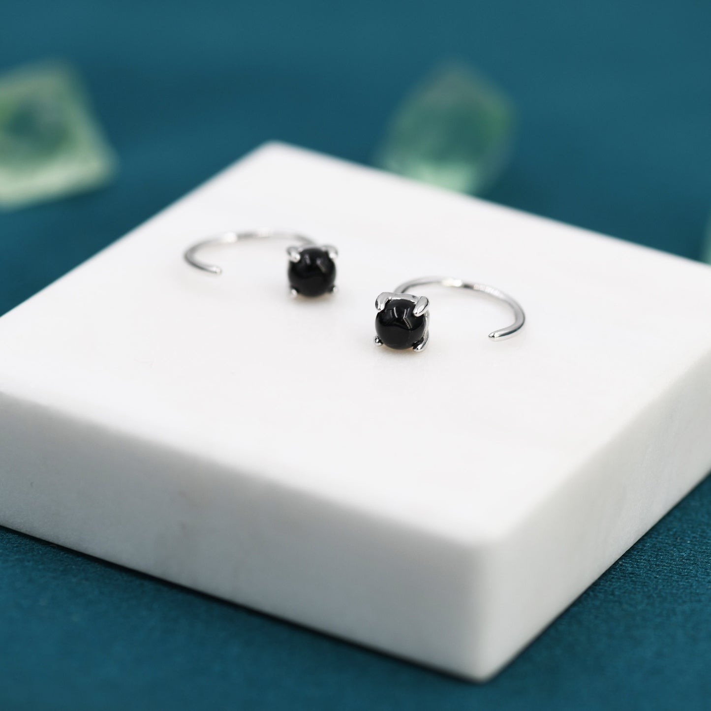 Black Onyx Huggie Hoop Earrings in Sterling Silver, 4mm Genuine Black Onyx Open Hoops, Pull Through Threaders, Half Hoops, C Shape Hoops