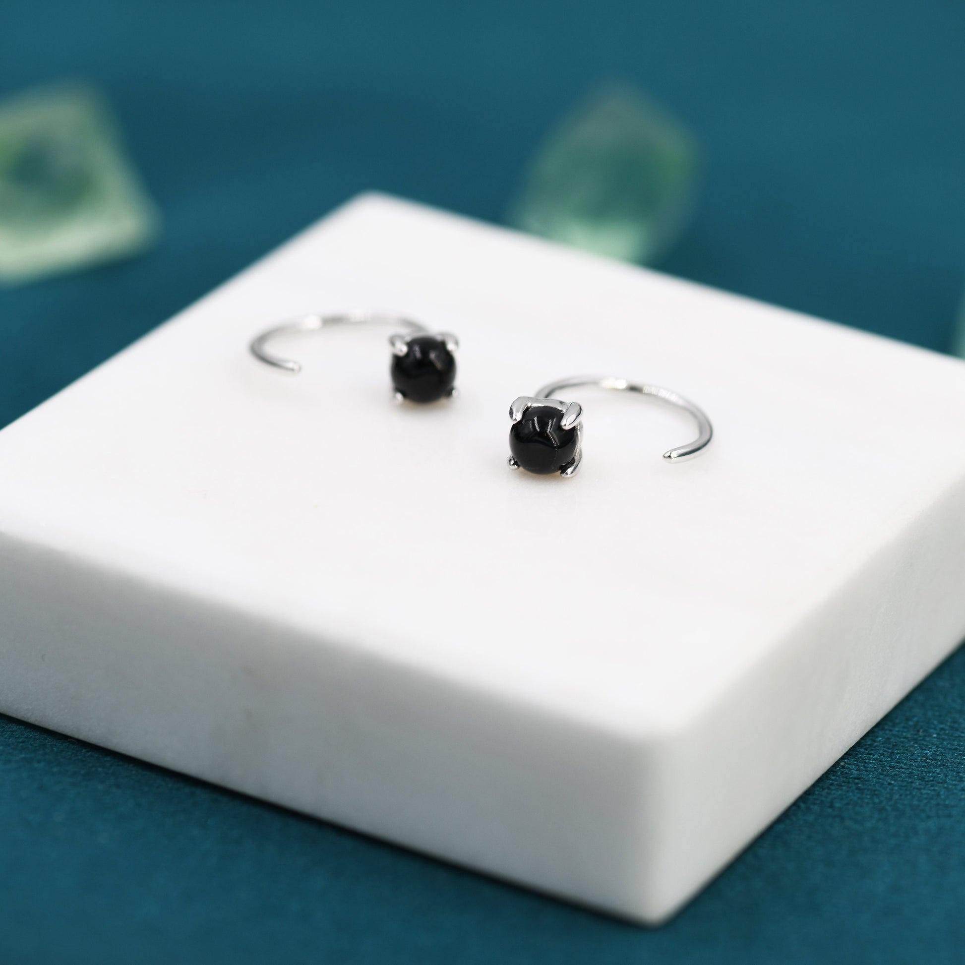 Black Onyx Huggie Hoop Earrings in Sterling Silver, 4mm Genuine Black Onyx Open Hoops, Pull Through Threaders, Half Hoops, C Shape Hoops