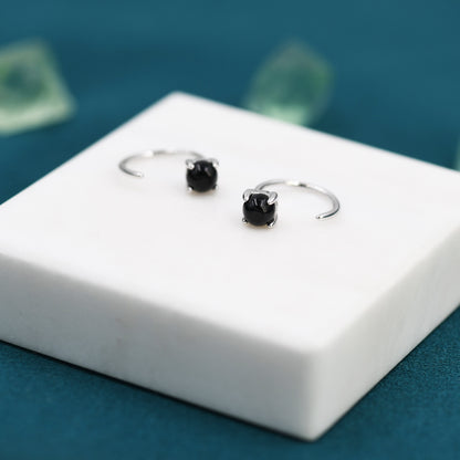 Black Onyx Huggie Hoop Earrings in Sterling Silver, 4mm Genuine Black Onyx Open Hoops, Pull Through Threaders, Half Hoops, C Shape Hoops