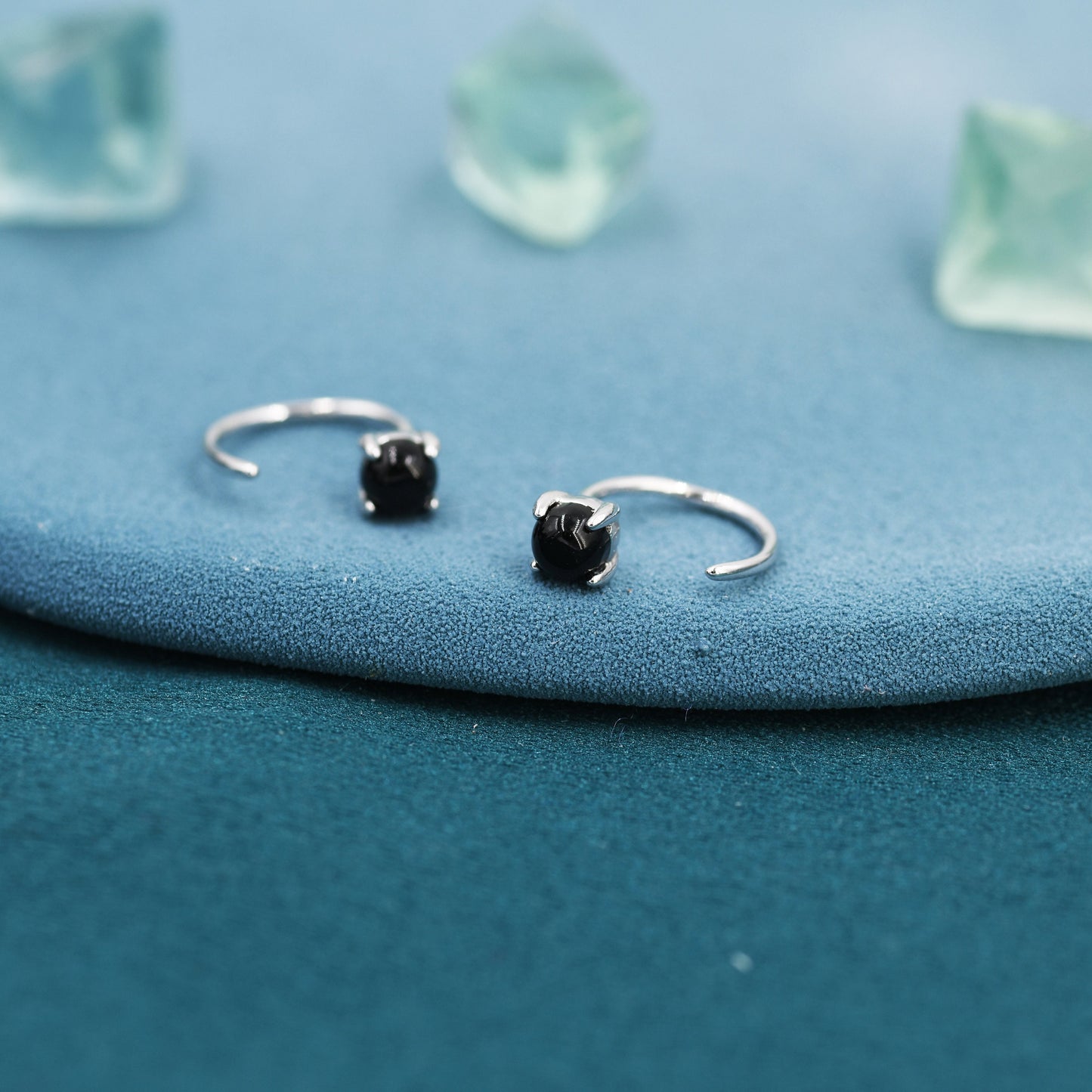 Black Onyx Huggie Hoop Earrings in Sterling Silver, 4mm Genuine Black Onyx Open Hoops, Pull Through Threaders, Half Hoops, C Shape Hoops