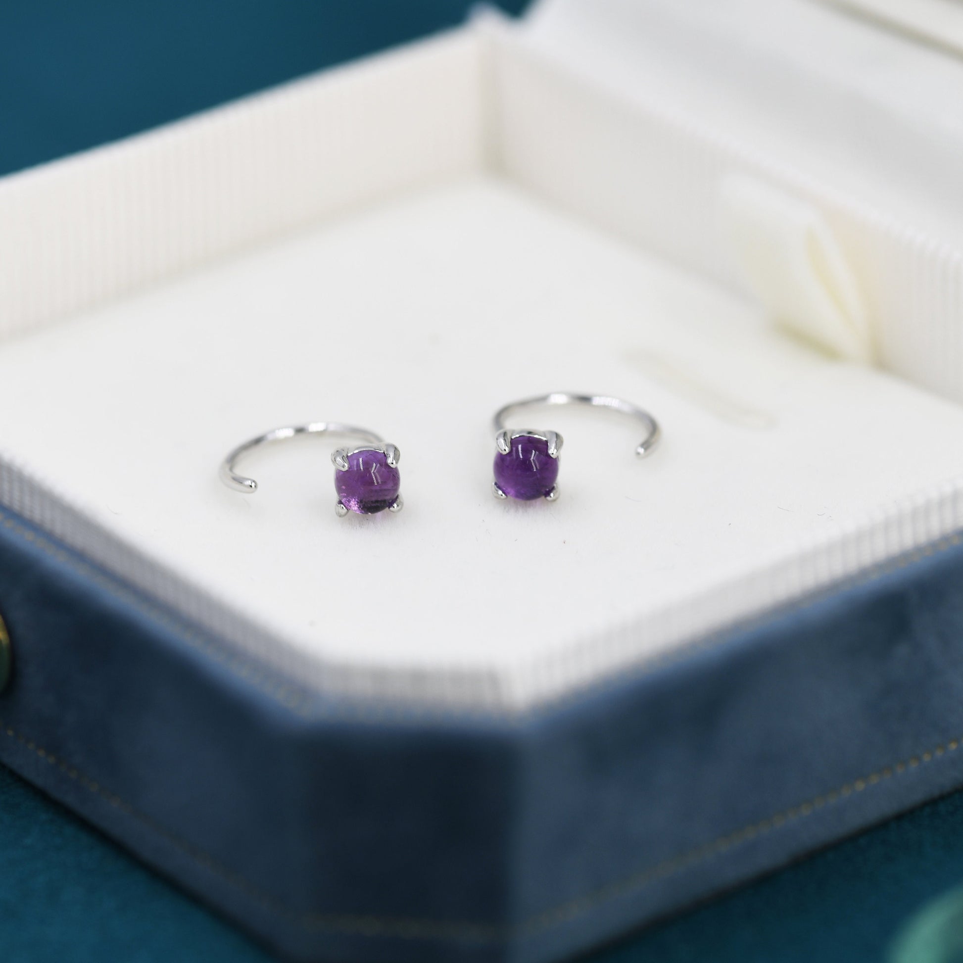 Purple Amethyst Huggie Hoop Earrings in Sterling Silver, 4mm Genuine Amethyst Open Hoops, Pull Through Threaders, Half Hoops, C Shape Hoops