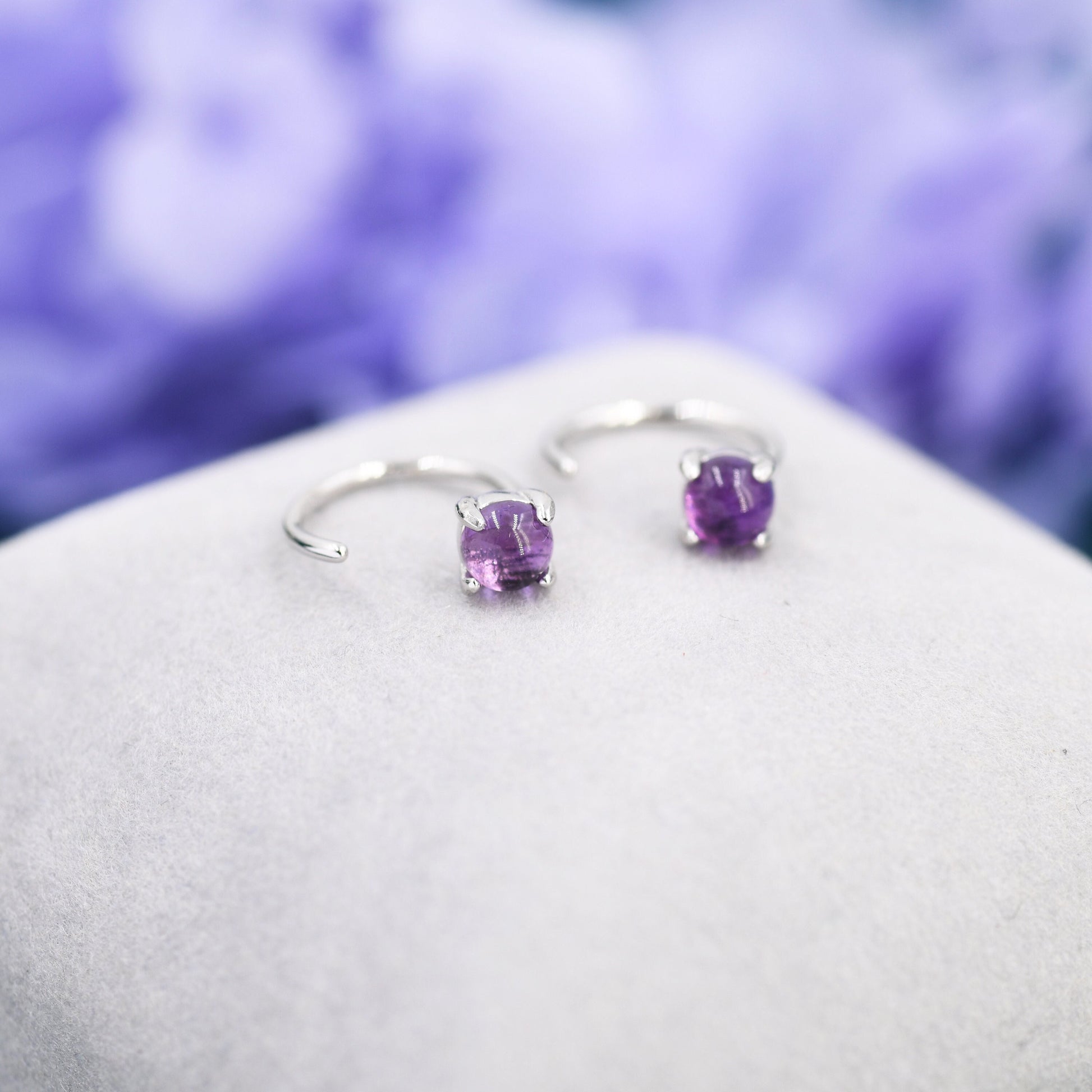 Purple Amethyst Huggie Hoop Earrings in Sterling Silver, 4mm Genuine Amethyst Open Hoops, Pull Through Threaders, Half Hoops, C Shape Hoops