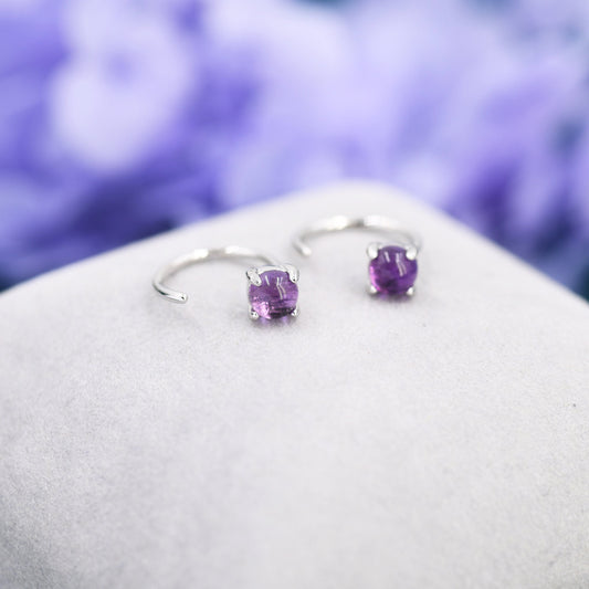 Purple Amethyst Huggie Hoop Earrings in Sterling Silver, 4mm Genuine Amethyst Open Hoops, Pull Through Threaders, Half Hoops, C Shape Hoops