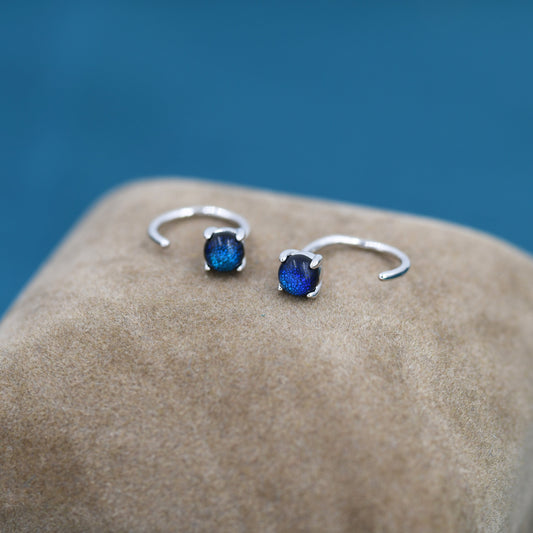 Galaxy Blue Dichroic Glass Crystal Threader Hoop Earrings in Sterling Silver, Dark Blue Crystal Huggie Hoop,  Pull Through