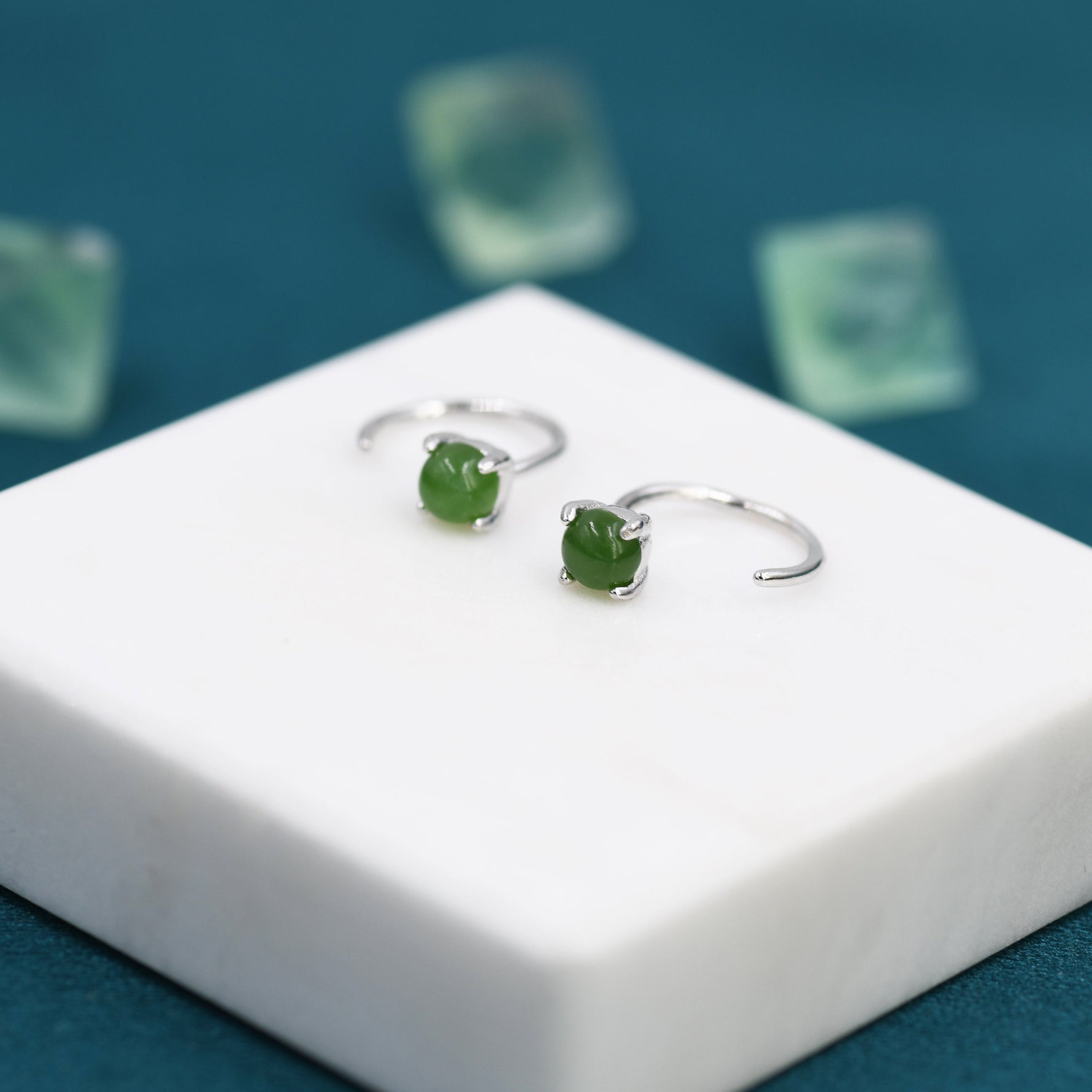Genuine Jade Crystal Huggie Hoop Earrings in Sterling Silver, 4mm Natural Jade Open Hoops, Pull Through Threaders, Half Hoops, C Shape Hoops