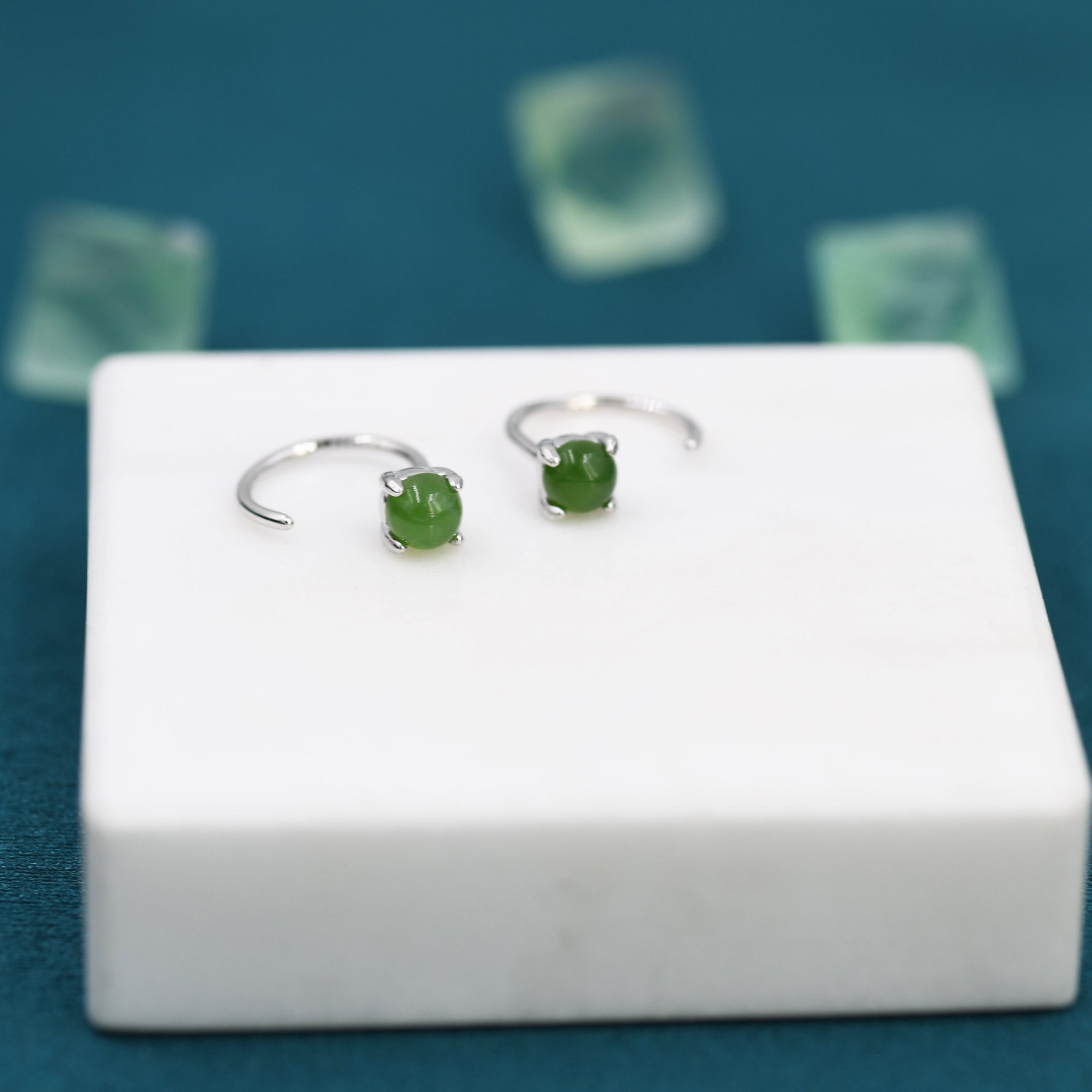 Genuine Jade Crystal Huggie Hoop Earrings in Sterling Silver, 4mm Natural Jade Open Hoops, Pull Through Threaders, Half Hoops, C Shape Hoops