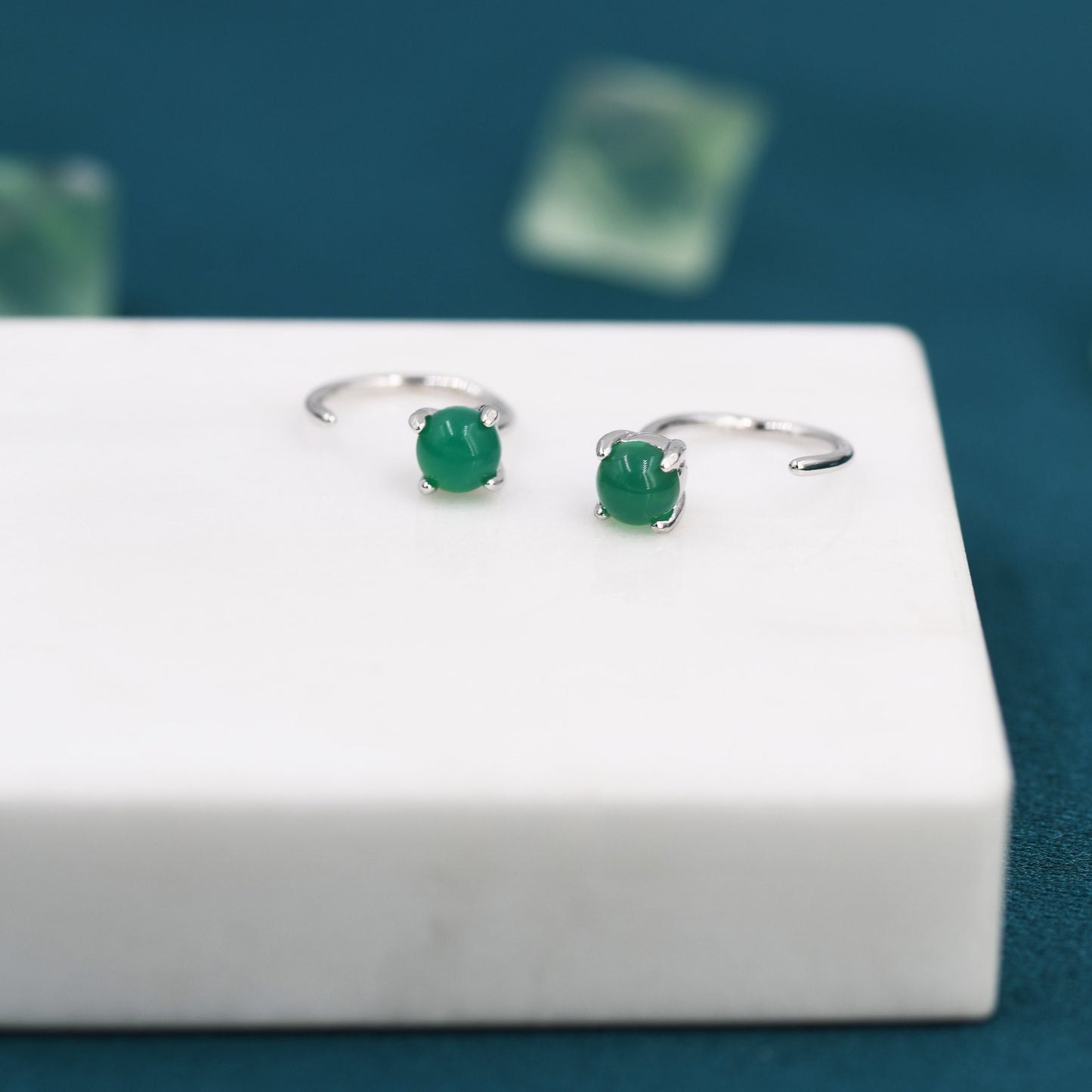 Genuine Green Onyx Huggie Hoop Earrings in Sterling Silver, 4mm Natural Green Onyx Open Hoops, Pull Through Threaders, Half Hoops, C Shape