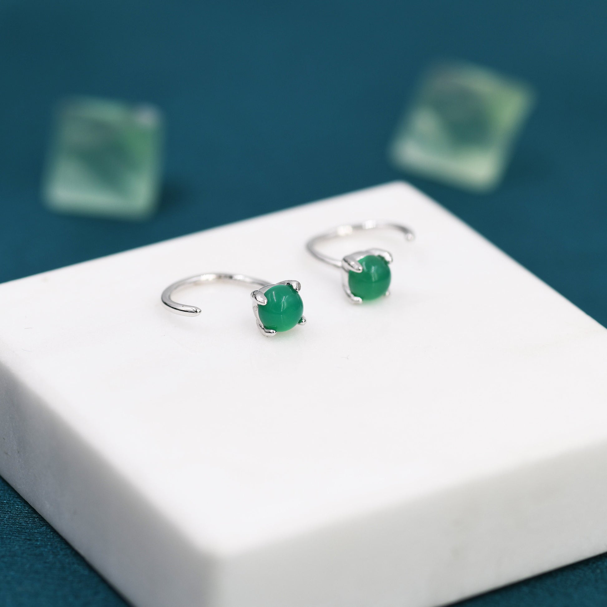 Genuine Green Onyx Huggie Hoop Earrings in Sterling Silver, 4mm Natural Green Onyx Open Hoops, Pull Through Threaders, Half Hoops, C Shape