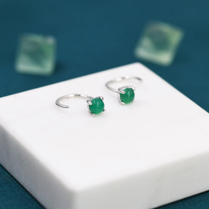 Genuine Green Onyx Huggie Hoop Earrings in Sterling Silver, 4mm Natural Green Onyx Open Hoops, Pull Through Threaders, Half Hoops, C Shape