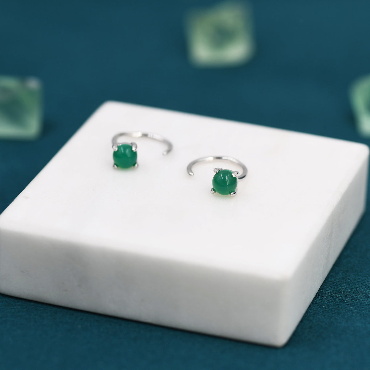 Genuine Green Onyx Huggie Hoop Earrings in Sterling Silver, 4mm Natural Green Onyx Open Hoops, Pull Through Threaders, Half Hoops, C Shape