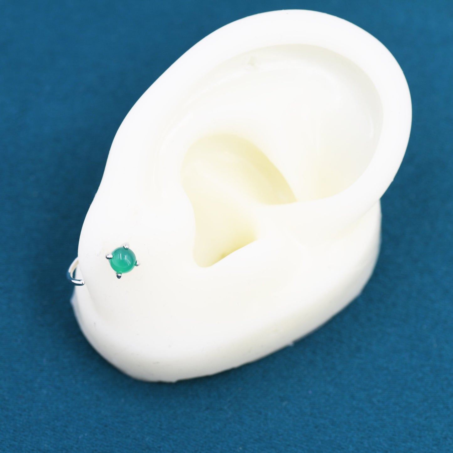 Genuine Green Onyx Huggie Hoop Earrings in Sterling Silver, 4mm Natural Green Onyx Open Hoops, Pull Through Threaders, Half Hoops, C Shape