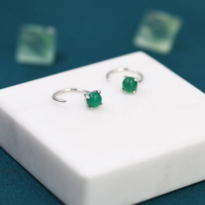 Genuine Green Onyx Huggie Hoop Earrings in Sterling Silver, 4mm Natural Green Onyx Open Hoops, Pull Through Threaders, Half Hoops, C Shape