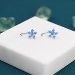 Blue Forget-me-not Flower CZ Huggie Hoop Earrings in Sterling Silver, Curved Post Earrings, Open Hoops, Pull-Through Threader Earrings,