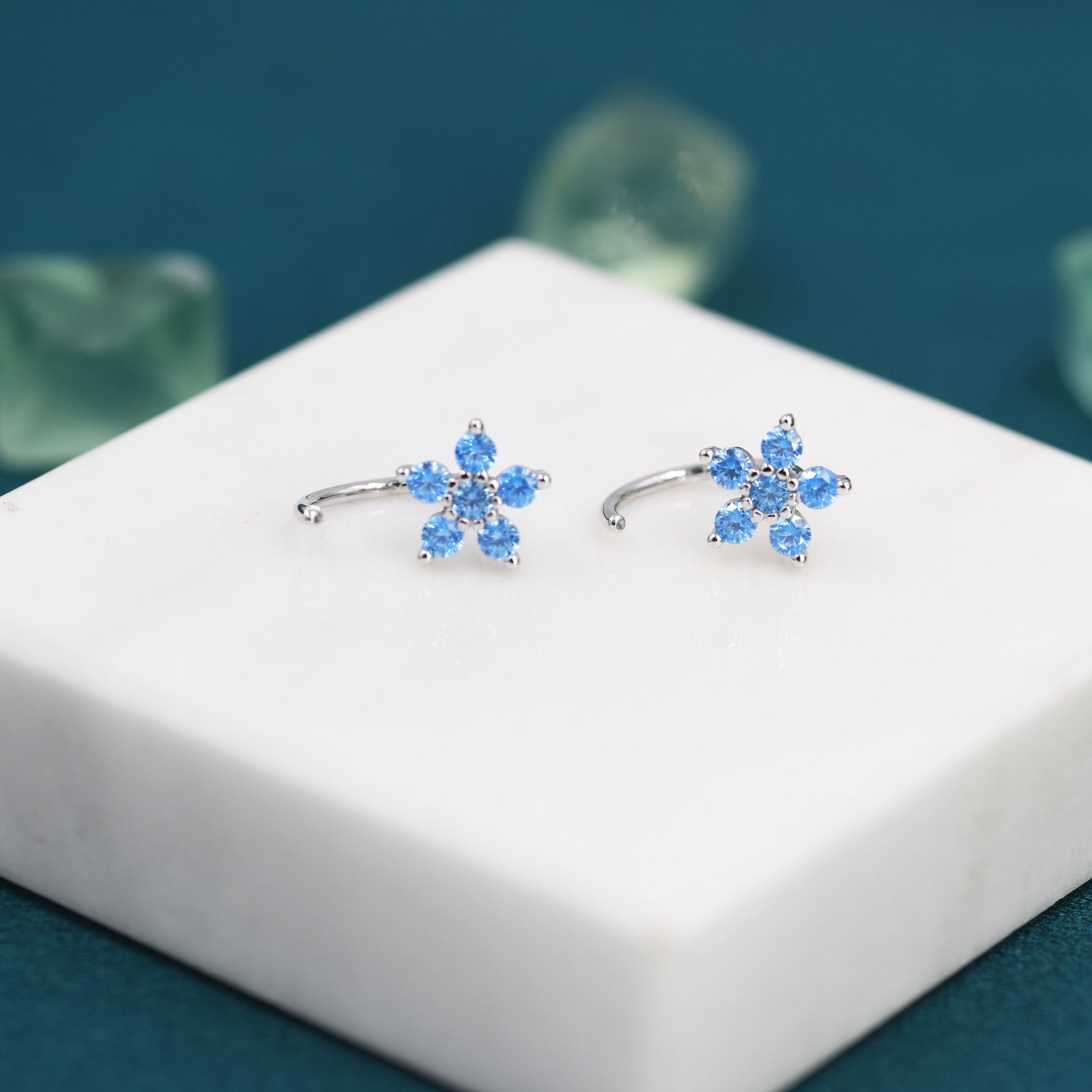 Blue Forget-me-not Flower CZ Huggie Hoop Earrings in Sterling Silver, Curved Post Earrings, Open Hoops, Pull-Through Threader Earrings,