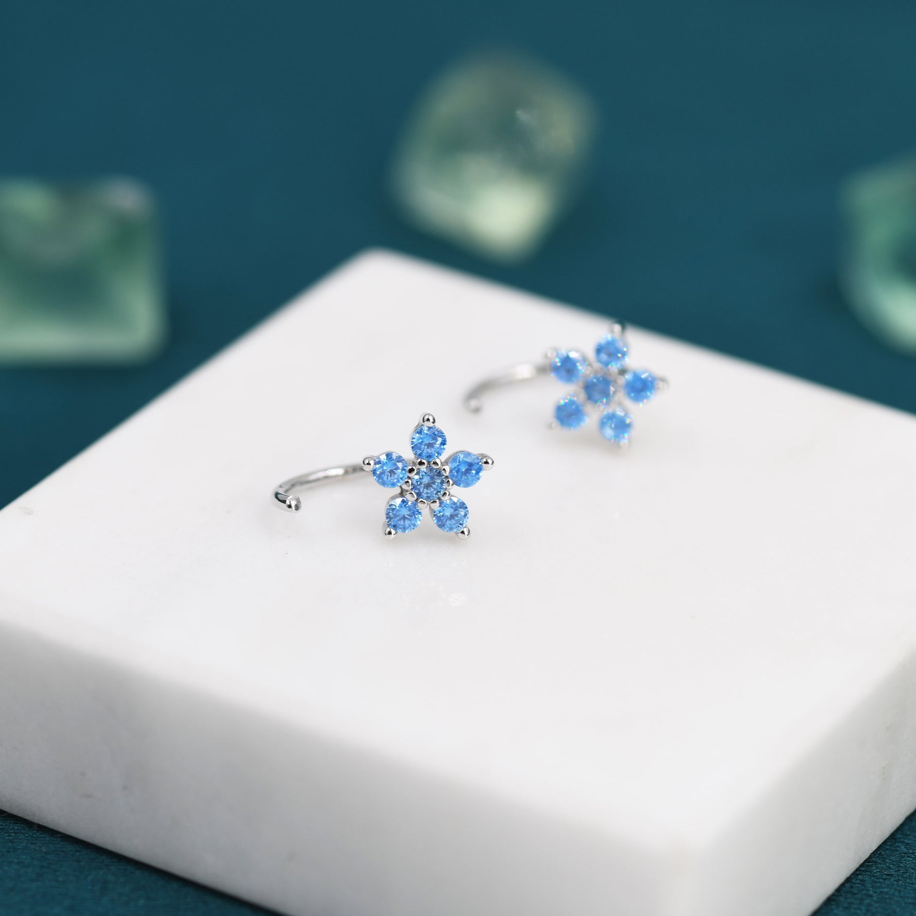 Blue Forget-me-not Flower CZ Huggie Hoop Earrings in Sterling Silver, Curved Post Earrings, Open Hoops, Pull-Through Threader Earrings,