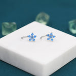 Blue Forget-me-not Flower CZ Huggie Hoop Earrings in Sterling Silver, Curved Post Earrings, Open Hoops, Pull-Through Threader Earrings,
