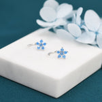 Blue Forget-me-not Flower CZ Huggie Hoop Earrings in Sterling Silver, Curved Post Earrings, Open Hoops, Pull-Through Threader Earrings,