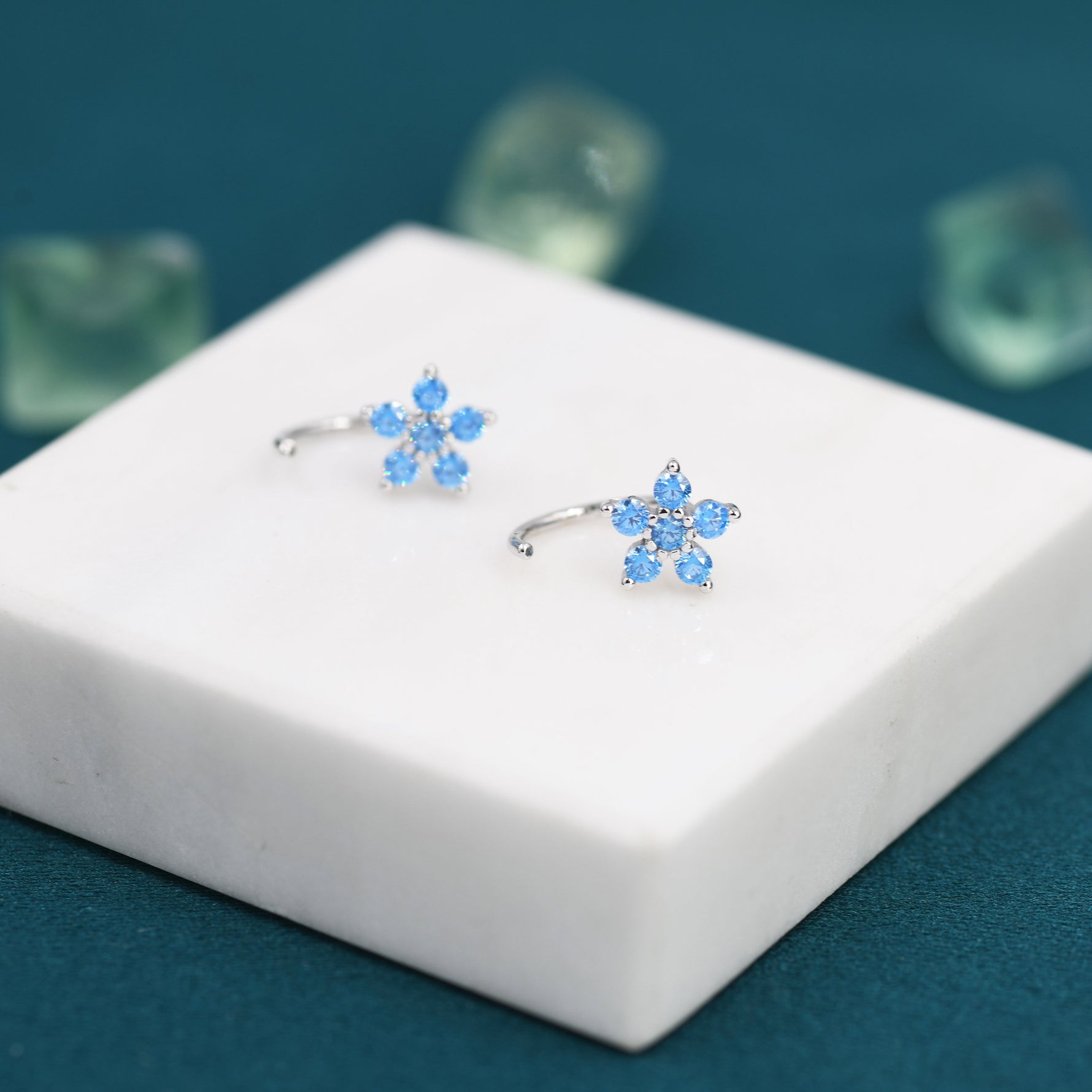 Blue Forget-me-not Flower CZ Huggie Hoop Earrings in Sterling Silver, Curved Post Earrings, Open Hoops, Pull-Through Threader Earrings,