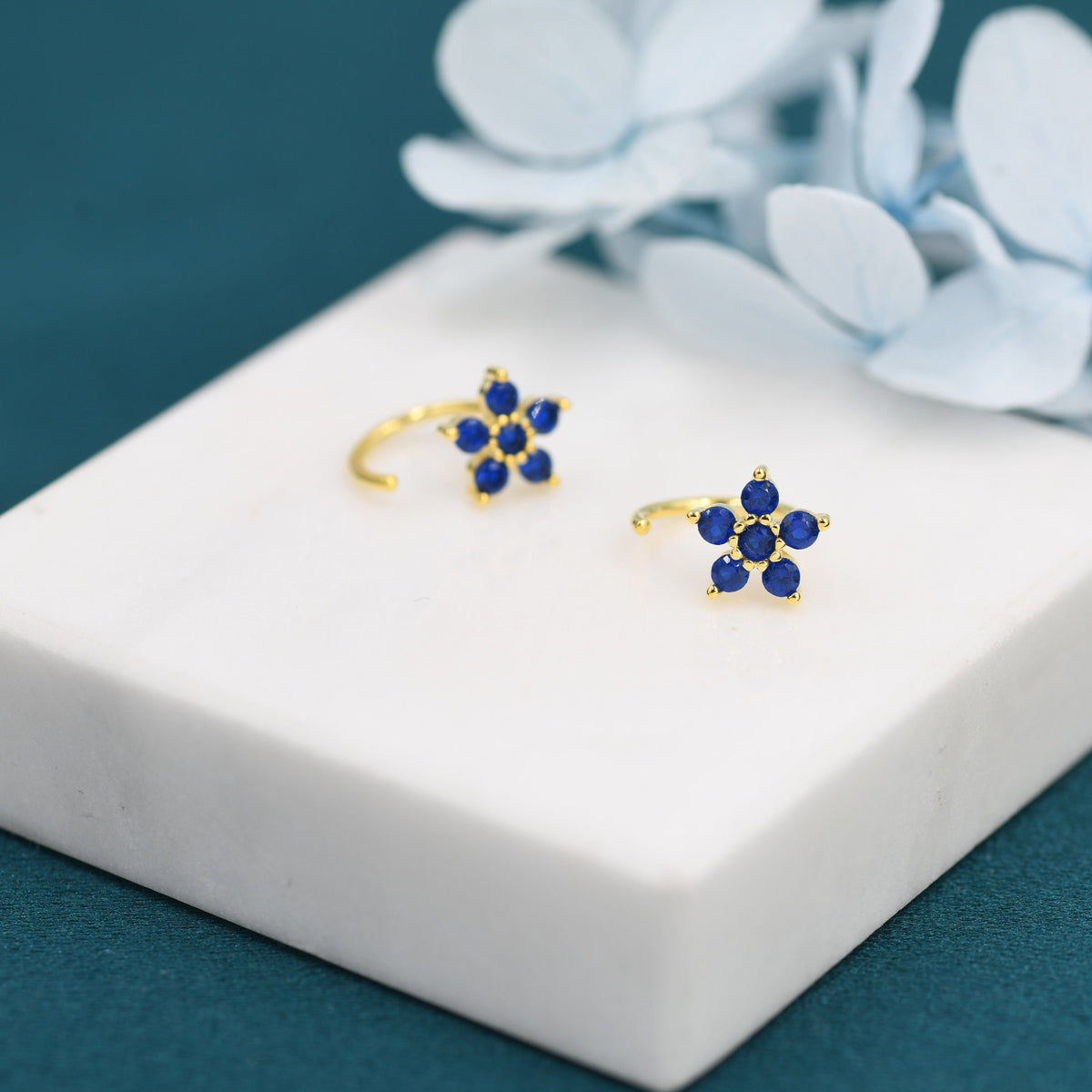 Sapphire Blue CZ Flower Huggie Hoop Earrings in Sterling Silver, Gold or Silver, CZ Flower Threader Hoop Earrings, Pull Through, C Shape