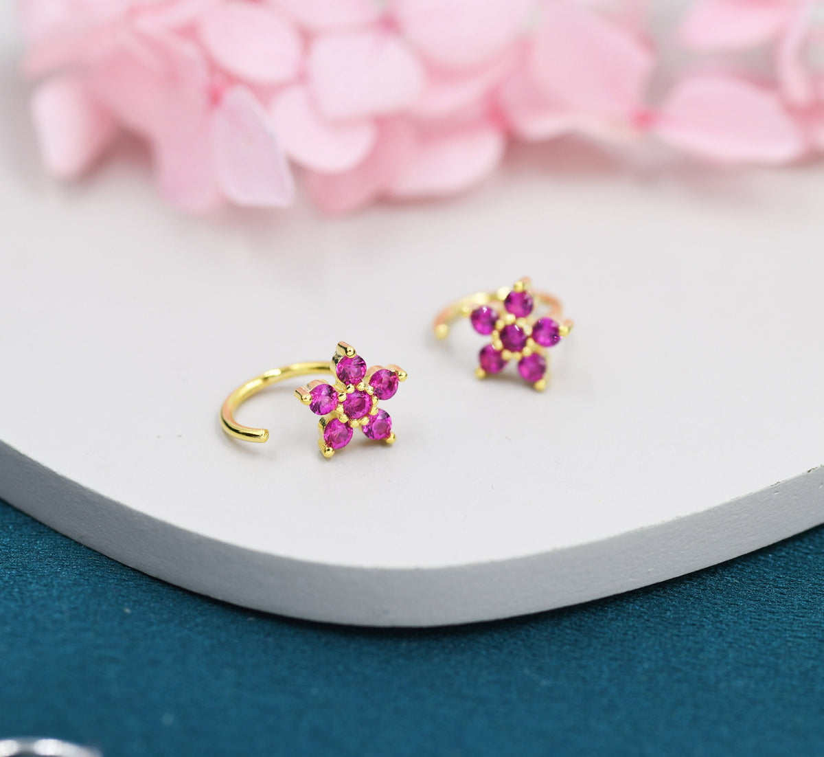 Pink CZ Flower Huggie Hoop Earrings in Sterling Silver, Gold or Silver, CZ Flower Threader Hoop Earrings, Pull Through, C Shape