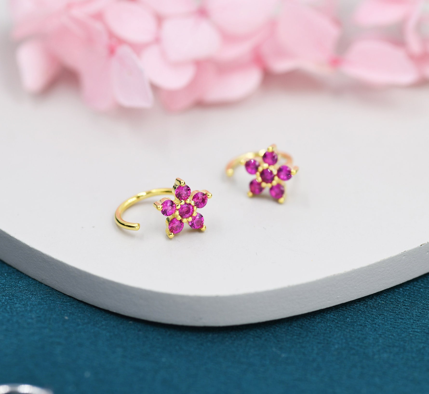 Pink CZ Flower Huggie Hoop Earrings in Sterling Silver, Gold or Silver, CZ Flower Threader Hoop Earrings, Pull Through, C Shape