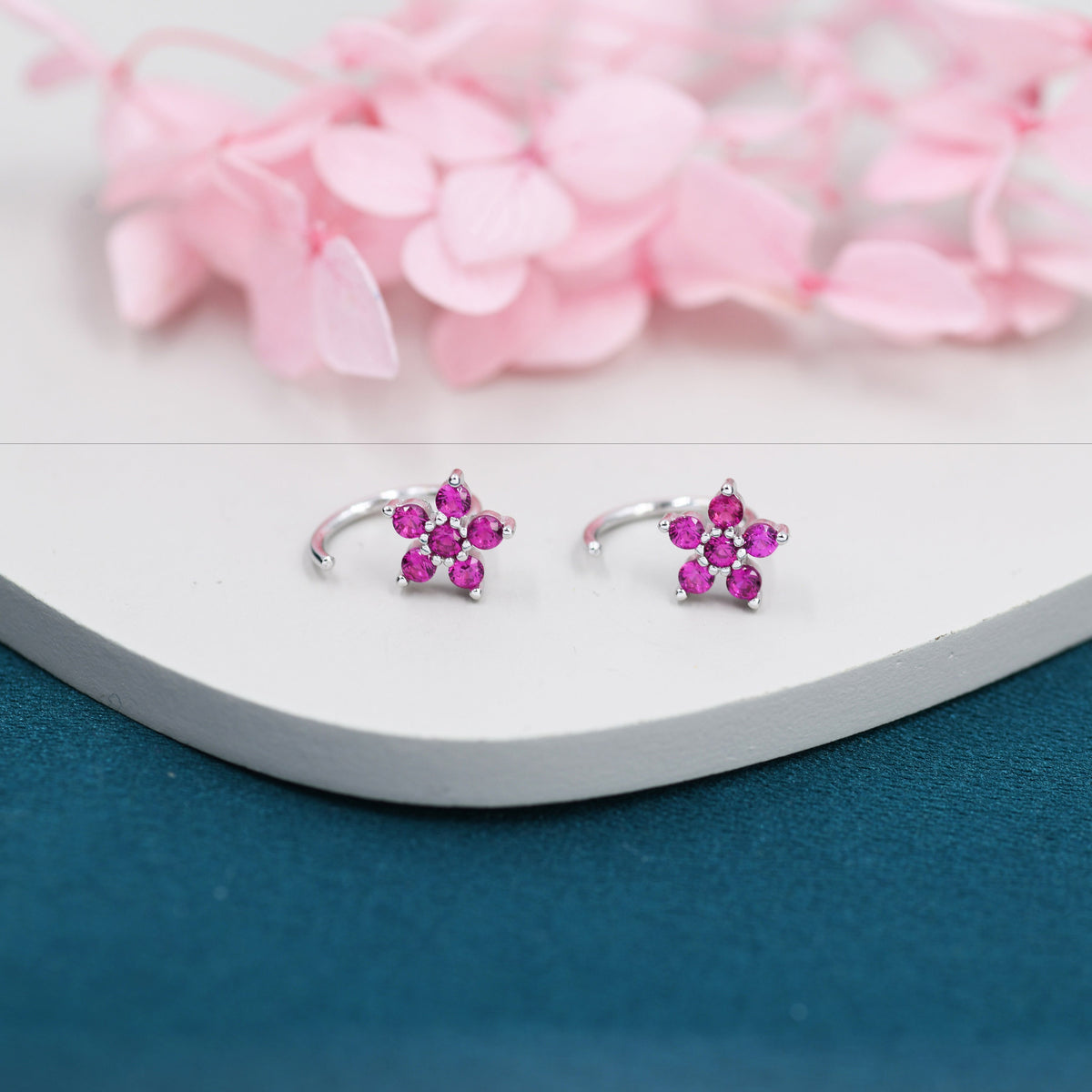 Pink CZ Flower Huggie Hoop Earrings in Sterling Silver, Gold or Silver, CZ Flower Threader Hoop Earrings, Pull Through, C Shape