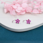 Pink CZ Flower Huggie Hoop Earrings in Sterling Silver, Gold or Silver, CZ Flower Threader Hoop Earrings, Pull Through, C Shape