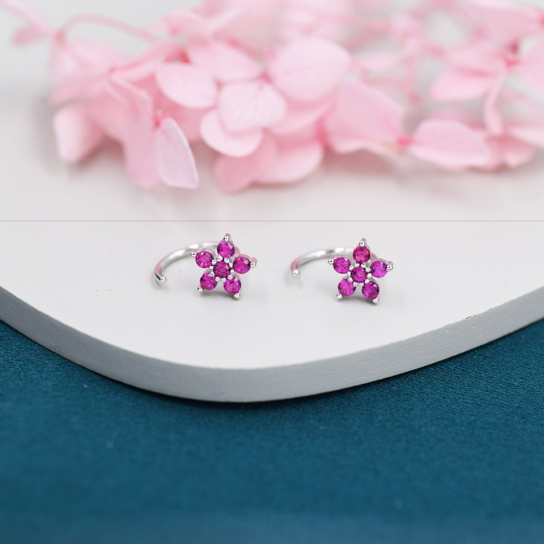Pink CZ Flower Huggie Hoop Earrings in Sterling Silver, Gold or Silver, CZ Flower Threader Hoop Earrings, Pull Through, C Shape