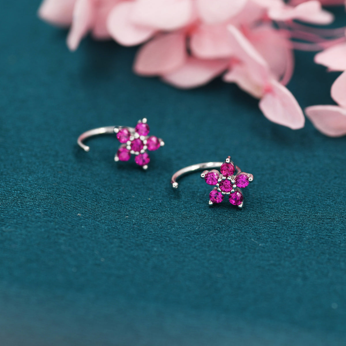 Pink CZ Flower Huggie Hoop Earrings in Sterling Silver, Gold or Silver, CZ Flower Threader Hoop Earrings, Pull Through, C Shape