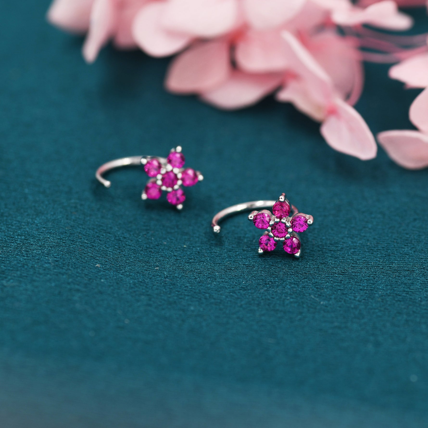 Pink CZ Flower Huggie Hoop Earrings in Sterling Silver, Gold or Silver, CZ Flower Threader Hoop Earrings, Pull Through, C Shape
