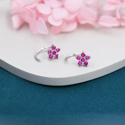 Pink CZ Flower Huggie Hoop Earrings in Sterling Silver, Gold or Silver, CZ Flower Threader Hoop Earrings, Pull Through, C Shape