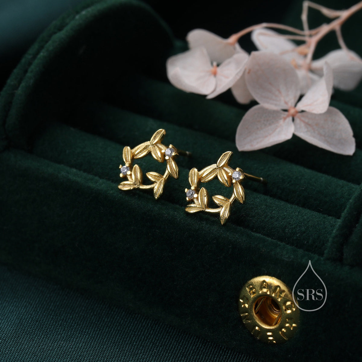 Sterling Silver Tiny Wreath Stud Earrings - Silver or Gold, CZ Circle Flower Stud Earrings, Wedding, Bridal, Christmas Earrings