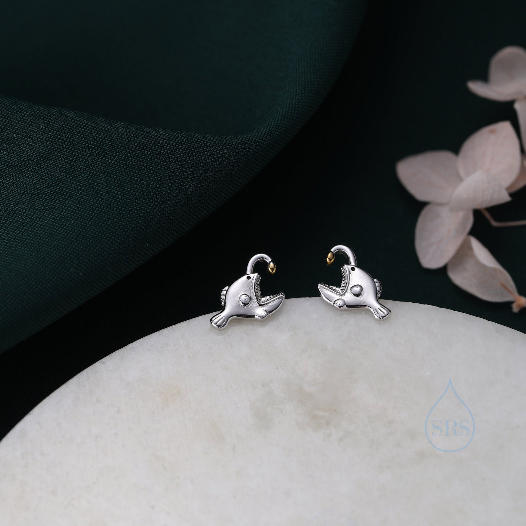 Anglerfish Stud Earrings in Sterling Silver, Anglerfish Earrings, Fish Earrings, Silver Fish Stud, Cute and Quirky Animal Earrings