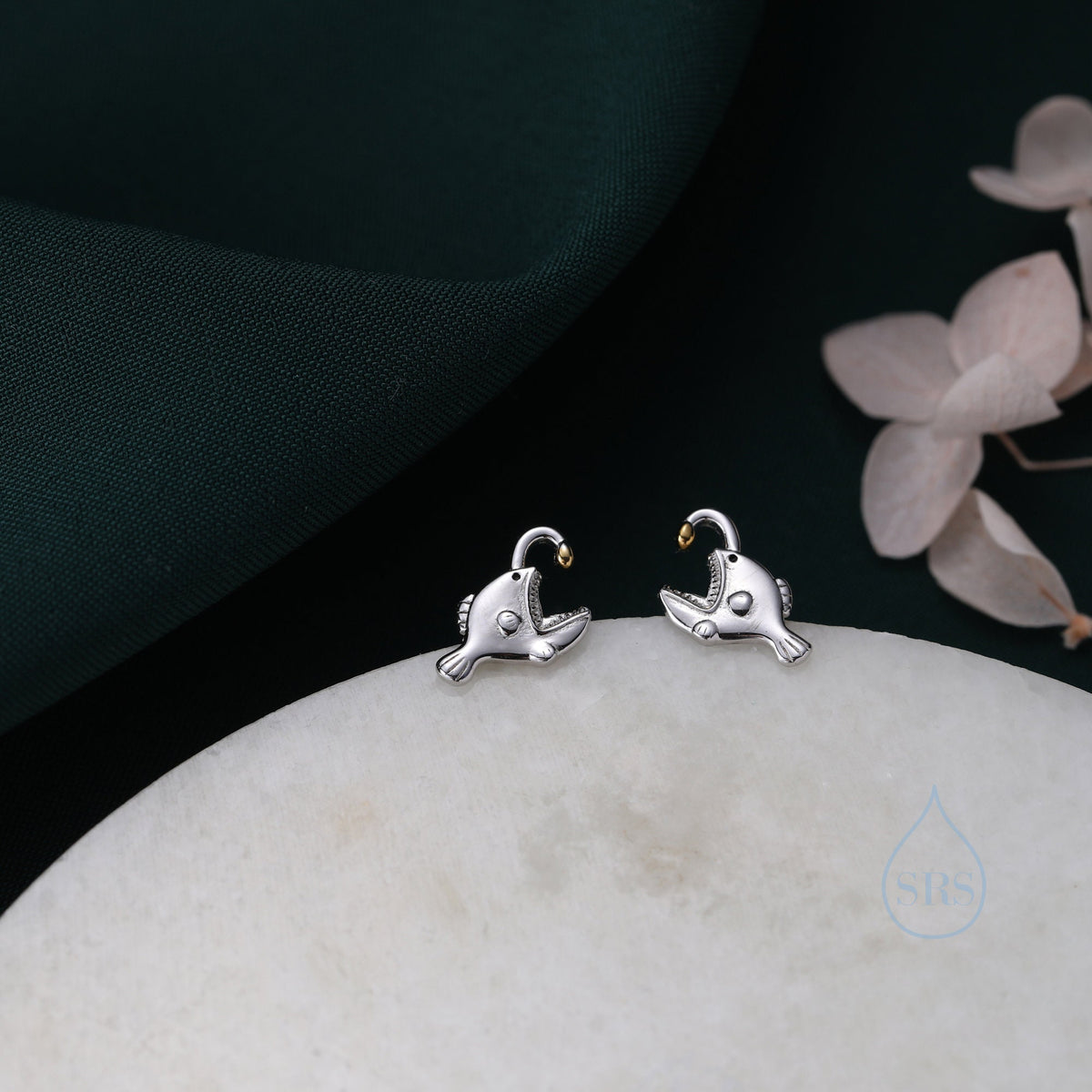 Anglerfish Stud Earrings in Sterling Silver, Anglerfish Earrings, Fish Earrings, Silver Fish Stud, Cute and Quirky Animal Earrings