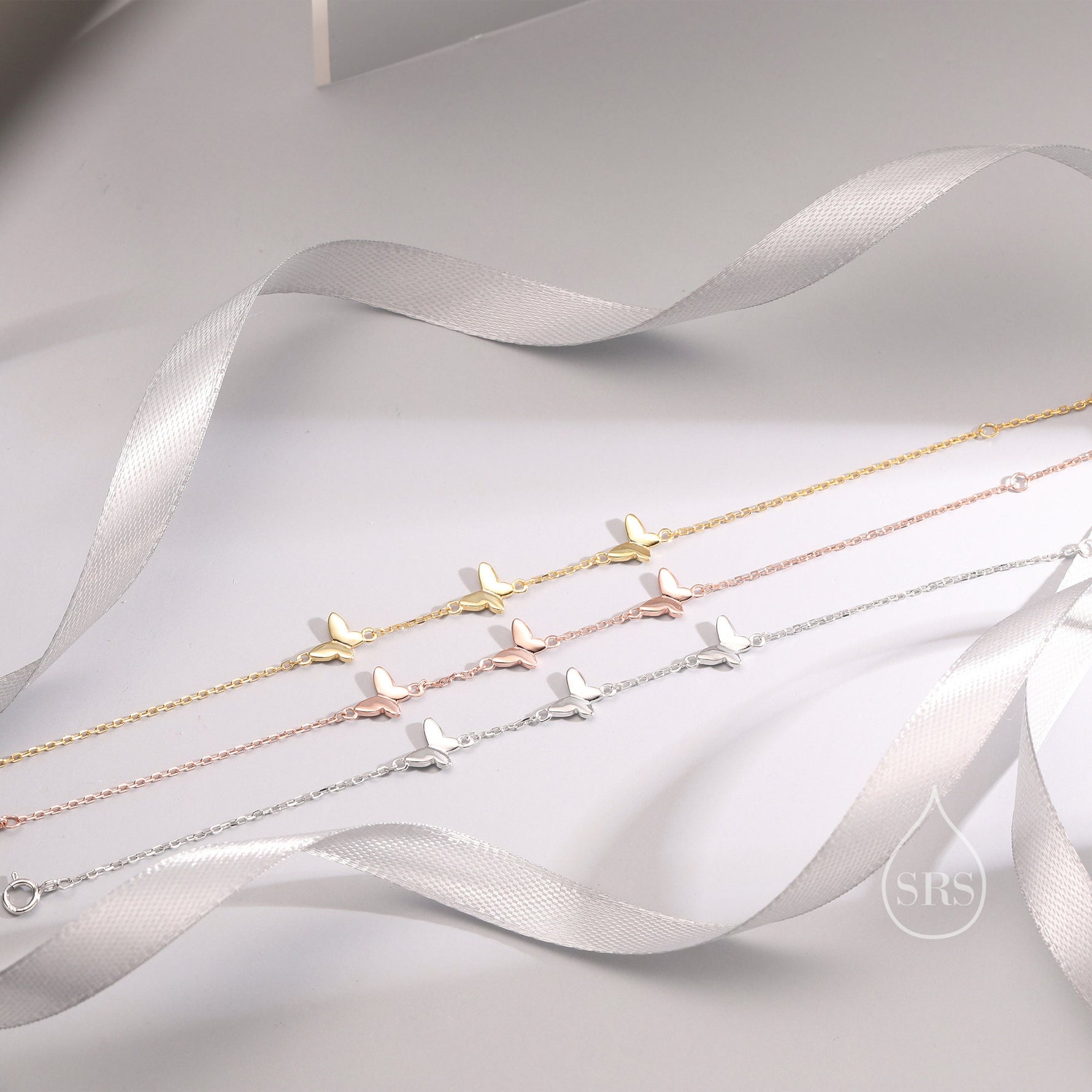Chasing Butterfly Floating Bracelet in Sterling Silver, Silver or Gold or Rose gold, Satellite Crystal Bracelet, Solid Silver Bracelet