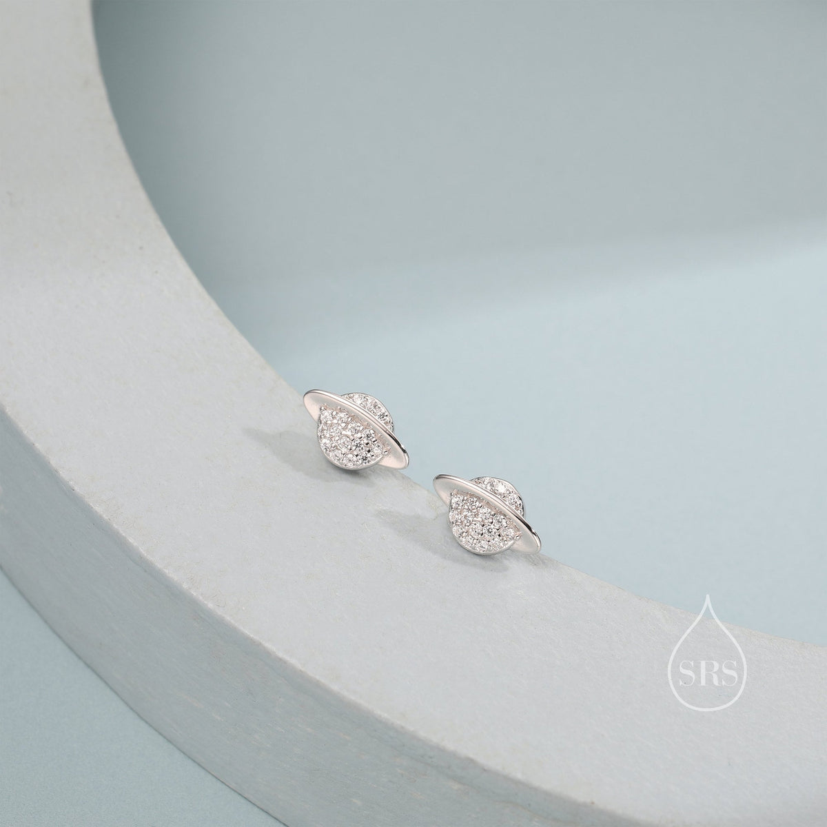 CZ Saturn Planet Stud Earrings in Sterling Silver, Silver or Gold or Rose Gold, Planet Earrings, Saturn Earrings