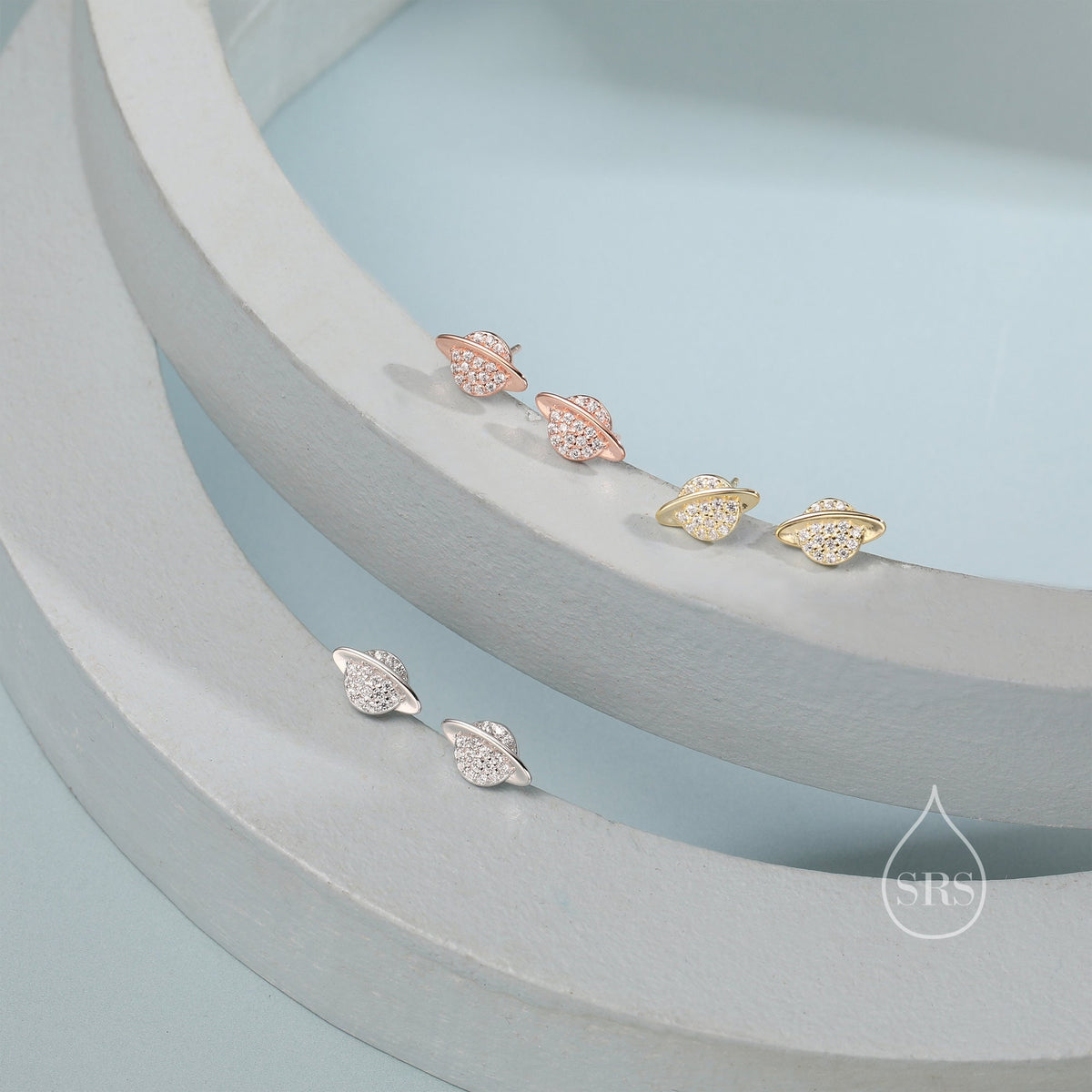 CZ Saturn Planet Stud Earrings in Sterling Silver, Silver or Gold or Rose Gold, Planet Earrings, Saturn Earrings